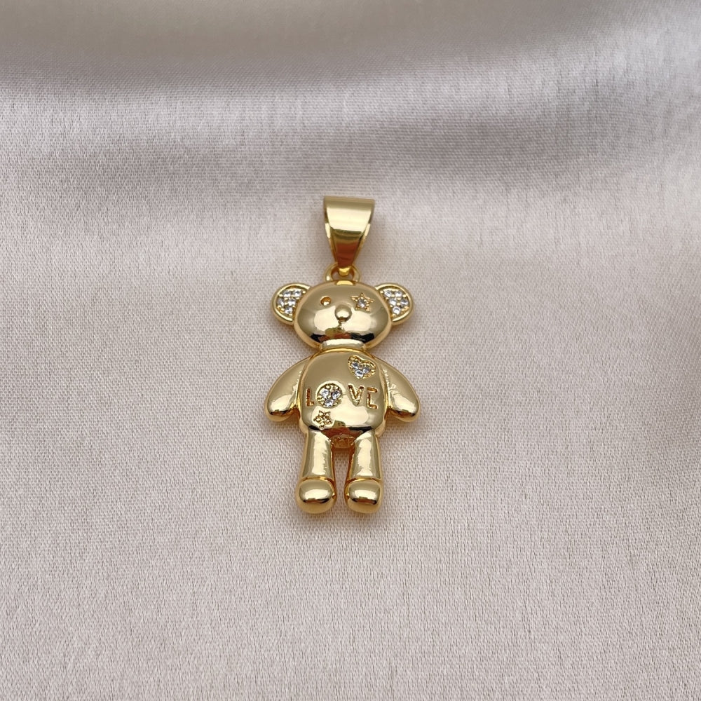 Oro Laminado Fancy Pendant, Gold Filled Style Teddy Bear and Heart Design, with White Micro Pave, Polished, Golden Finish