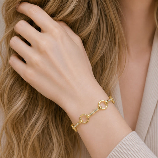 Oro Laminado Fancy Bracelet, Gold Filled Style with White Micro Pave, Polished, Golden Finish