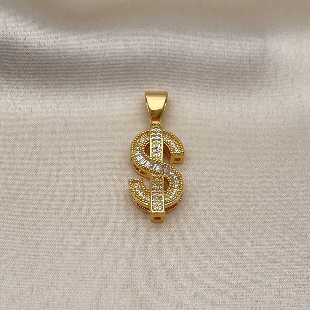 Oro Laminado Fancy Pendant, Gold Filled Style Money Sign and Baguette Design, with White Cubic Zirconia and White Micro Pave, Polished, Golden Finish