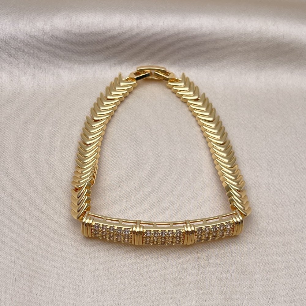 Oro Laminado Fancy Bracelet, Gold Filled Style Nameplate Design, with White Cubic Zirconia, Polished, Golden Finish