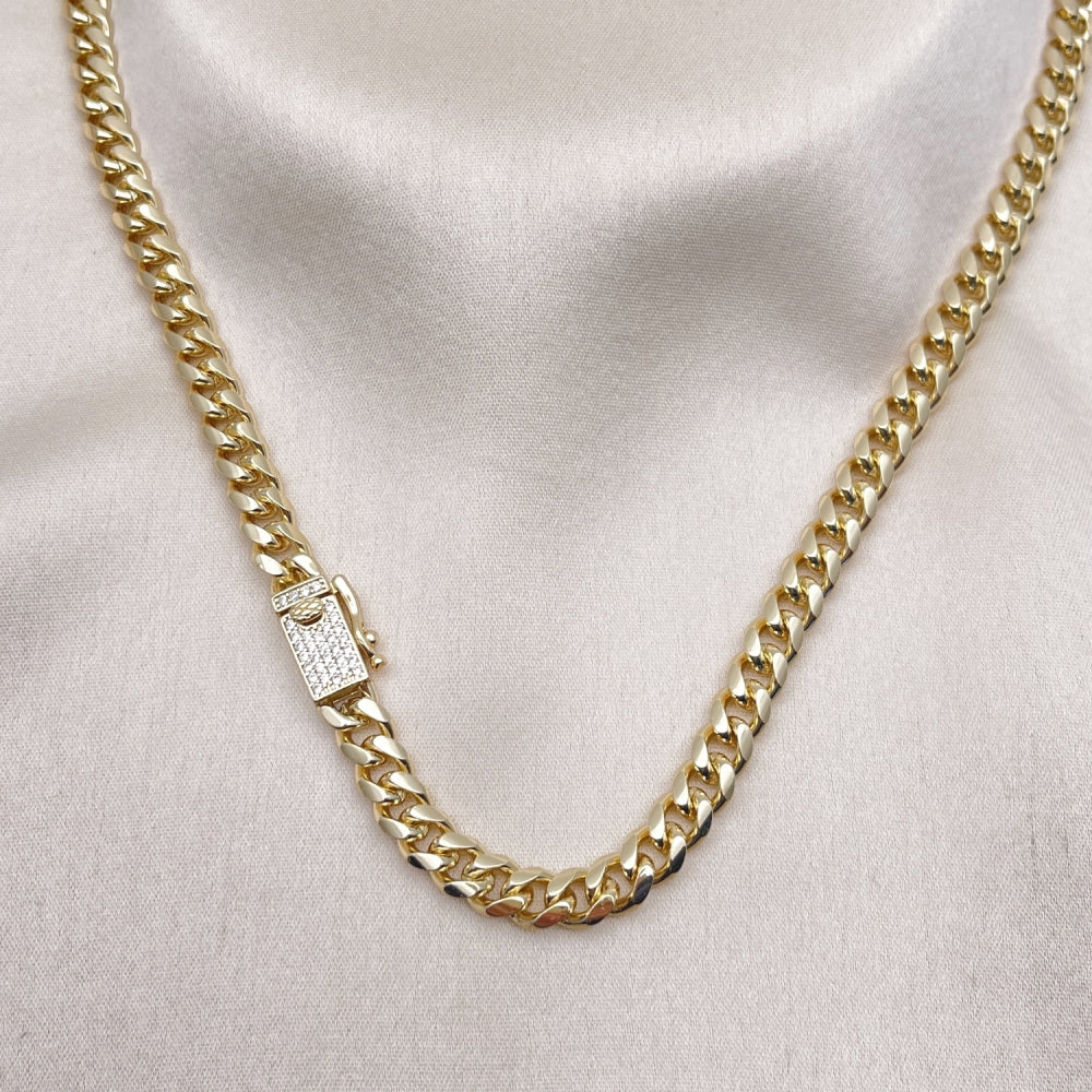 Oro Laminado Basic Necklace, Gold Filled Style Miami Cuban and Box Lock Design, with White Micro Pave, Polished, Golden Finish