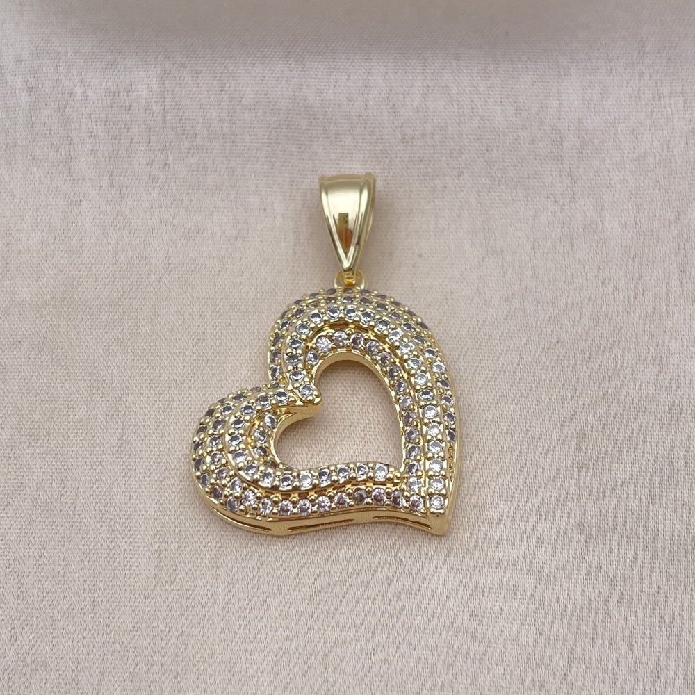 Oro Laminado Fancy Pendant, Gold Filled Style Heart Design, with White Micro Pave, Polished, Golden Finish