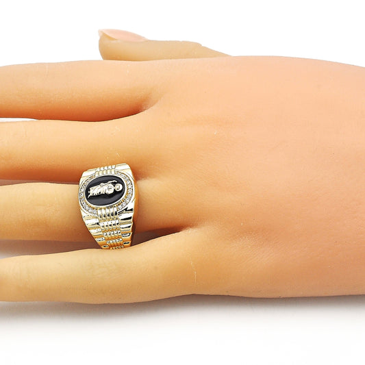 Oro Laminado Multi Stone Ring, Gold Filled Style San Judas Design, with White Micro Pave, Black Enamel Finish, Golden Finish