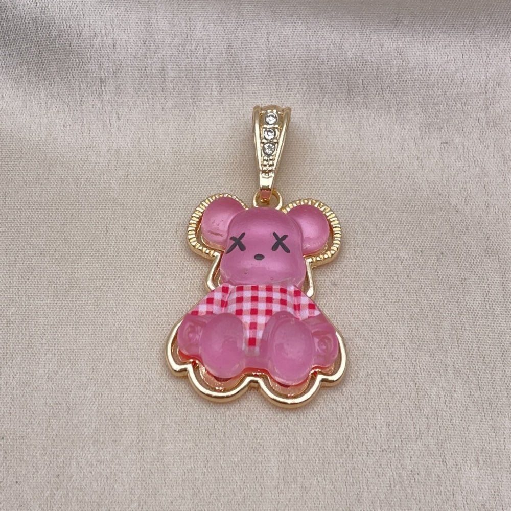 Oro Laminado Fancy Pendant, Gold Filled Style Teddy Bear Design, with White Crystal, Pink Resin Finish, Golden Finish