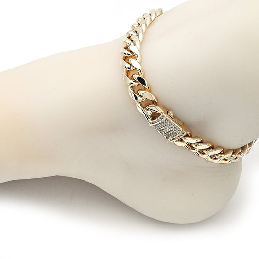 Oro Laminado Fancy Anklet, Gold Filled Style Miami Cuban Design, with White Micro Pave, Polished, Golden Finish