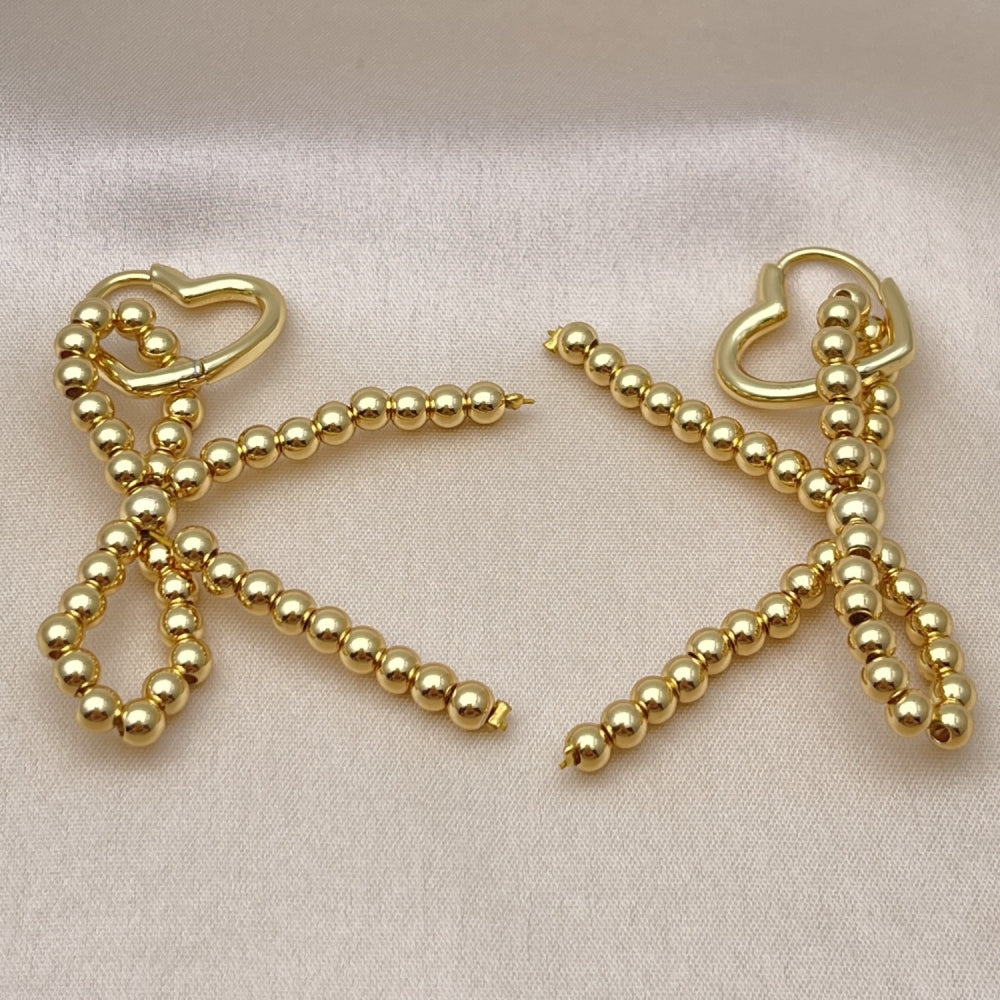 Oro Laminado Dangle Earring, Gold Filled Style Bow and Heart Design, Polished, Golden Finish