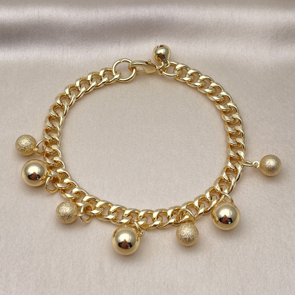Oro Laminado Charm Bracelet, Gold Filled Style Ball and Miami Cuban Design, Polished, Golden Finish