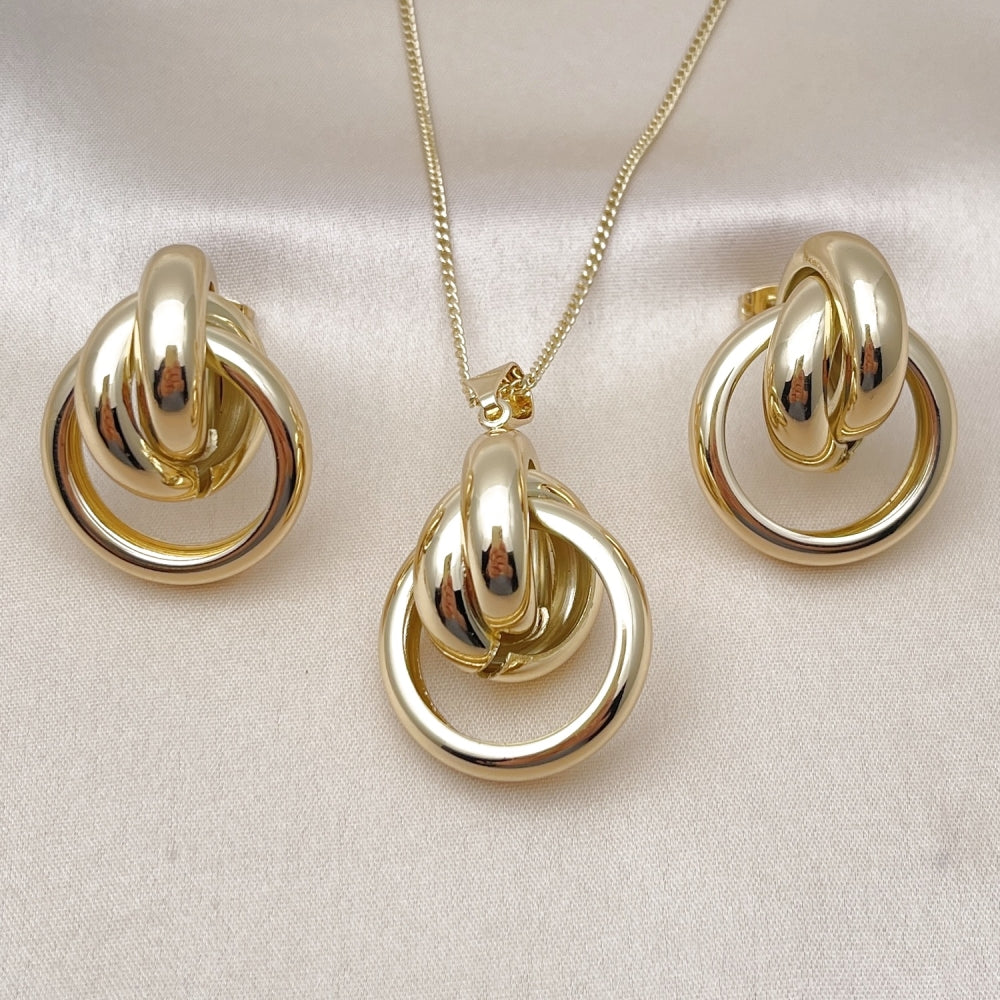 Oro Laminado Earring and Pendant Adult Set, Gold Filled Style Love Knot and Hollow Design, Polished, Golden Finish