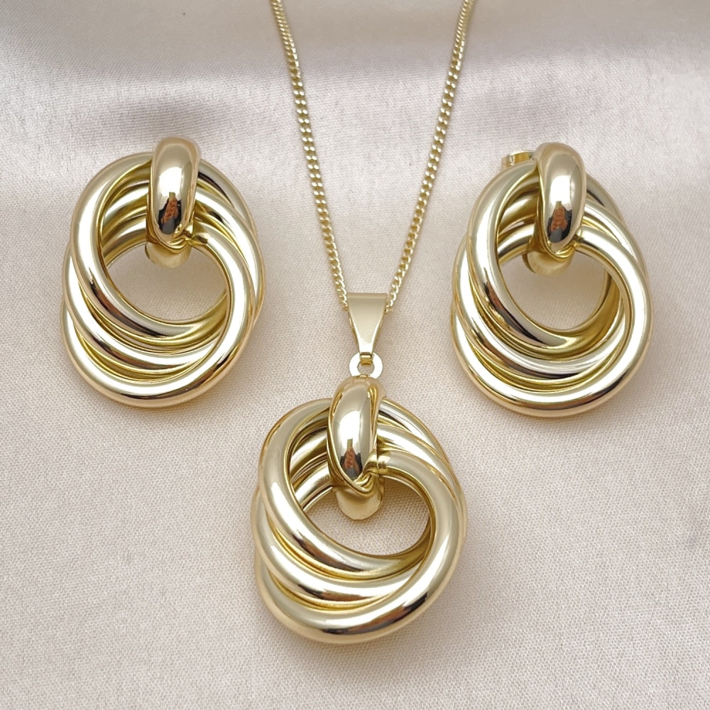 Oro Laminado Earring and Pendant Adult Set, Gold Filled Style Love Knot and Hollow Design, Polished, Golden Finish