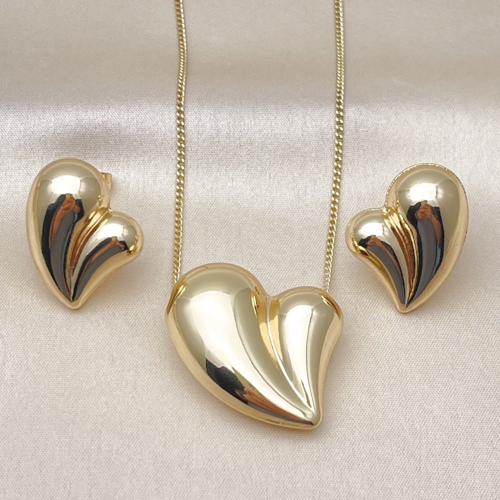 Oro Laminado Earring and Pendant Adult Set, Gold Filled Style Heart and Hollow Design, Polished, Golden Finish