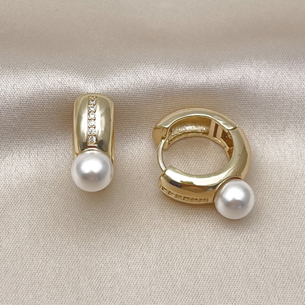 Oro Laminado Huggie Hoop, Gold Filled Style with Ivory Pearl and White Micro Pave, Polished, Golden Finish