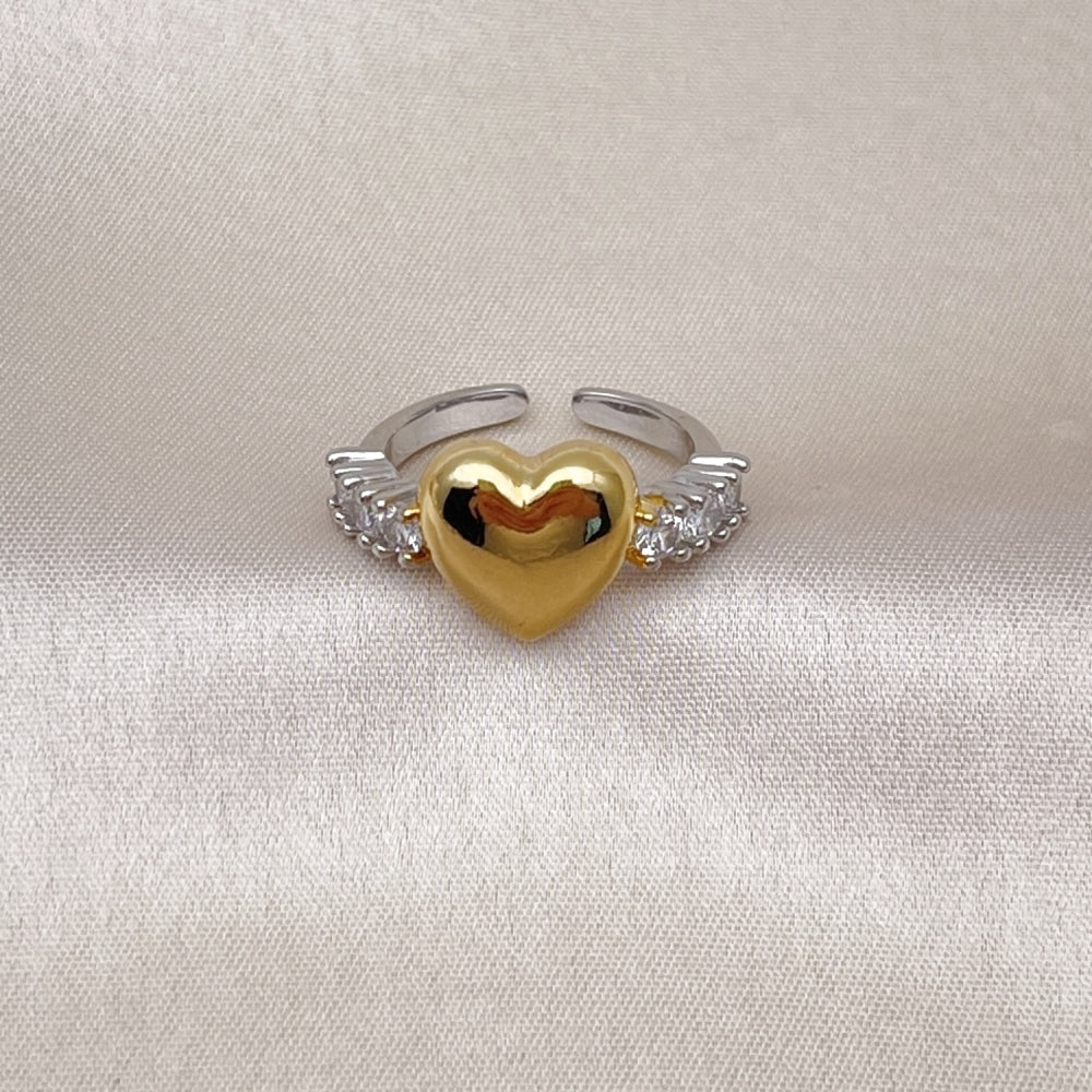 Oro Laminado Multi Stone Ring, Gold Filled Style Heart Design, with White Cubic Zirconia, Polished, Two Tone
