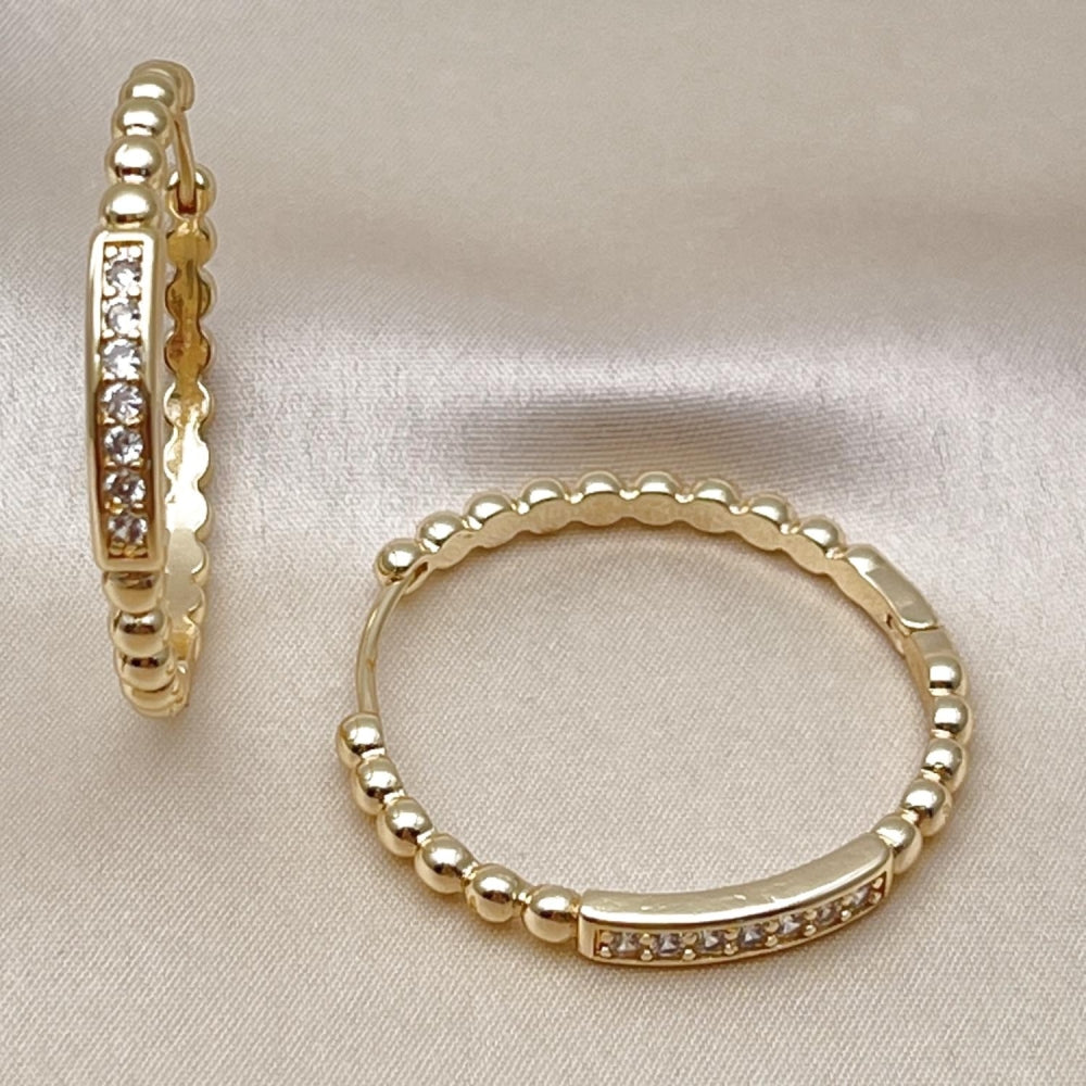 Oro Laminado Huggie Hoop, Gold Filled Style Ball Design, with White Cubic Zirconia, Polished, Golden Finish