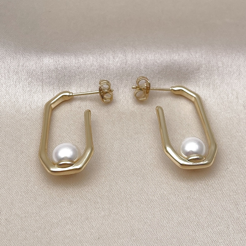 Oro Laminado Small Hoop, Gold Filled Style Ball Design, with Ivory Mother of Pearl, Polished, Golden Finish
