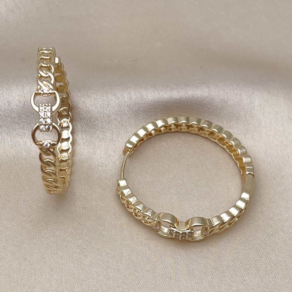 Oro Laminado Huggie Hoop, Gold Filled Style Belt Buckle and Miami Cuban Design, with White Micro Pave, Polished, Golden Finish