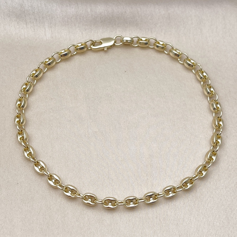 Oro Laminado Fancy Anklet, Gold Filled Style Puff Mariner Design, Polished, Golden Finish