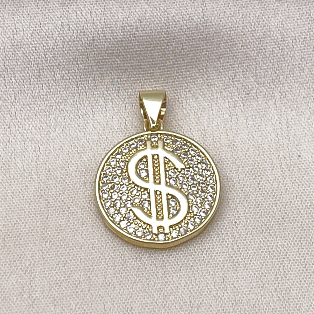 Oro Laminado Fancy Pendant, Gold Filled Style Money Sign Design, with White Micro Pave, Polished, Golden Finish