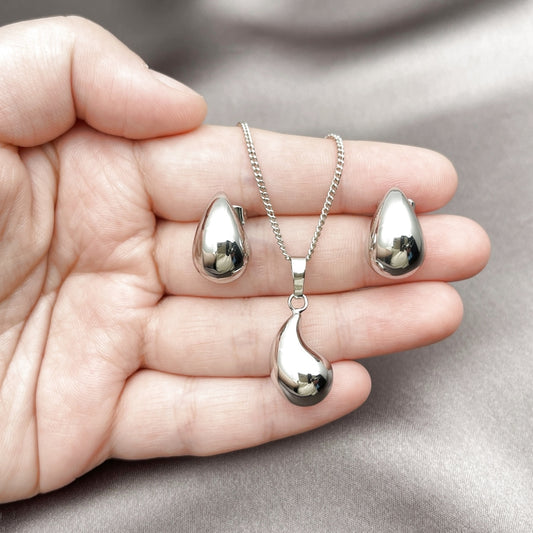Rhodium Gold Filled Earring and Pendant Adult Set, Teardrop and Hollow Design, Polished, Rhodium Finish