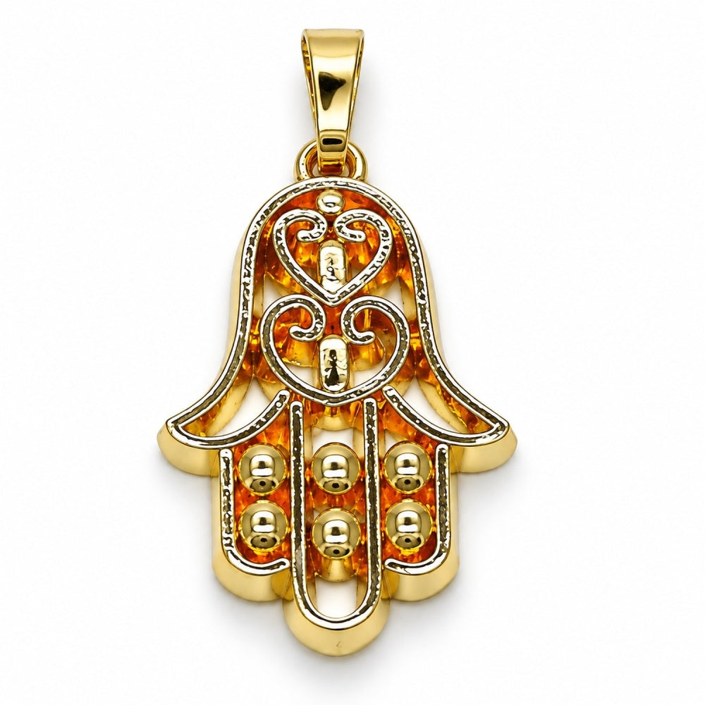 Oro Laminado Religious Pendant, Gold Filled Style Hand of God and Judaica Design, Polished, Golden Finish