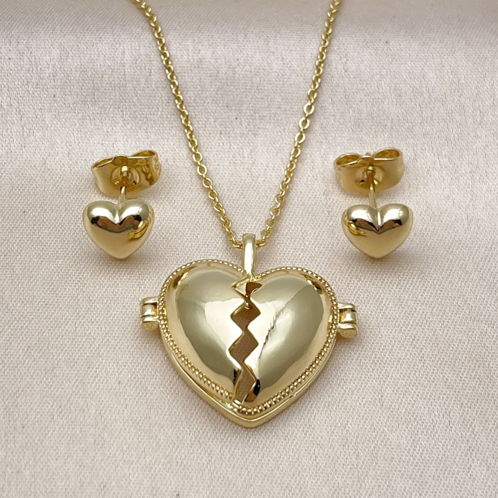 Oro Laminado Earring and Pendant Adult Set, Gold Filled Style Heart Design, Polished, Golden Finish