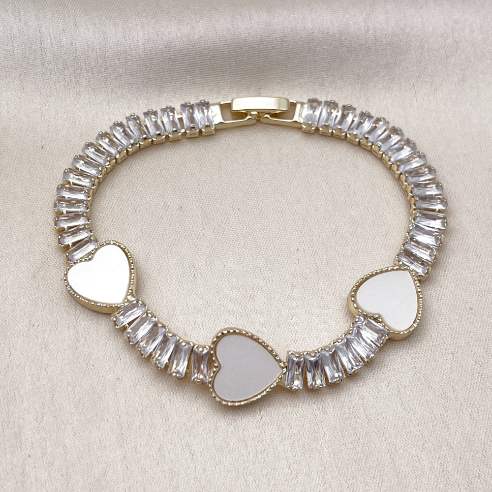 Oro Laminado Fancy Bracelet, Gold Filled Style Heart and Baguette Design, with Ivory Mother of Pearl and White Cubic Zirconia, Polished, Golden Finish
