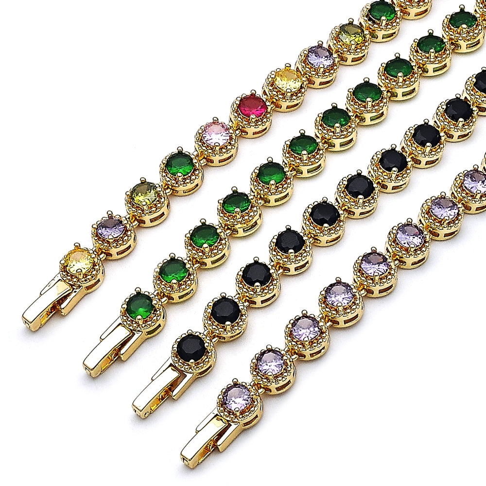 Oro Laminado Fancy Bracelet, Gold Filled Style Cluster Design, with Multicolor Cubic Zirconia, Polished, Golden Finish