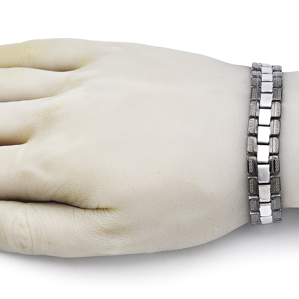 Stainless Steel Solid Bracelet, Greek Key Design, Polished, Two Tone