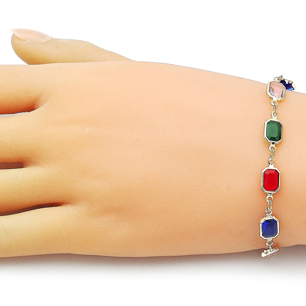Oro Laminado Fancy Bracelet, Gold Filled Style with Multicolor Crystal, Polished, Golden Finish