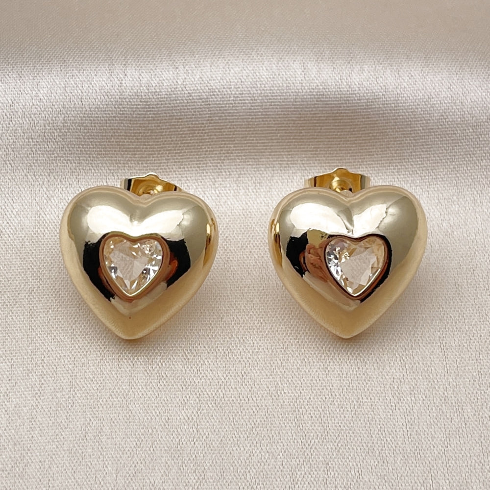 Oro Laminado Stud Earring, Gold Filled Style Heart Design, with White Cubic Zirconia, Polished, Golden Finish