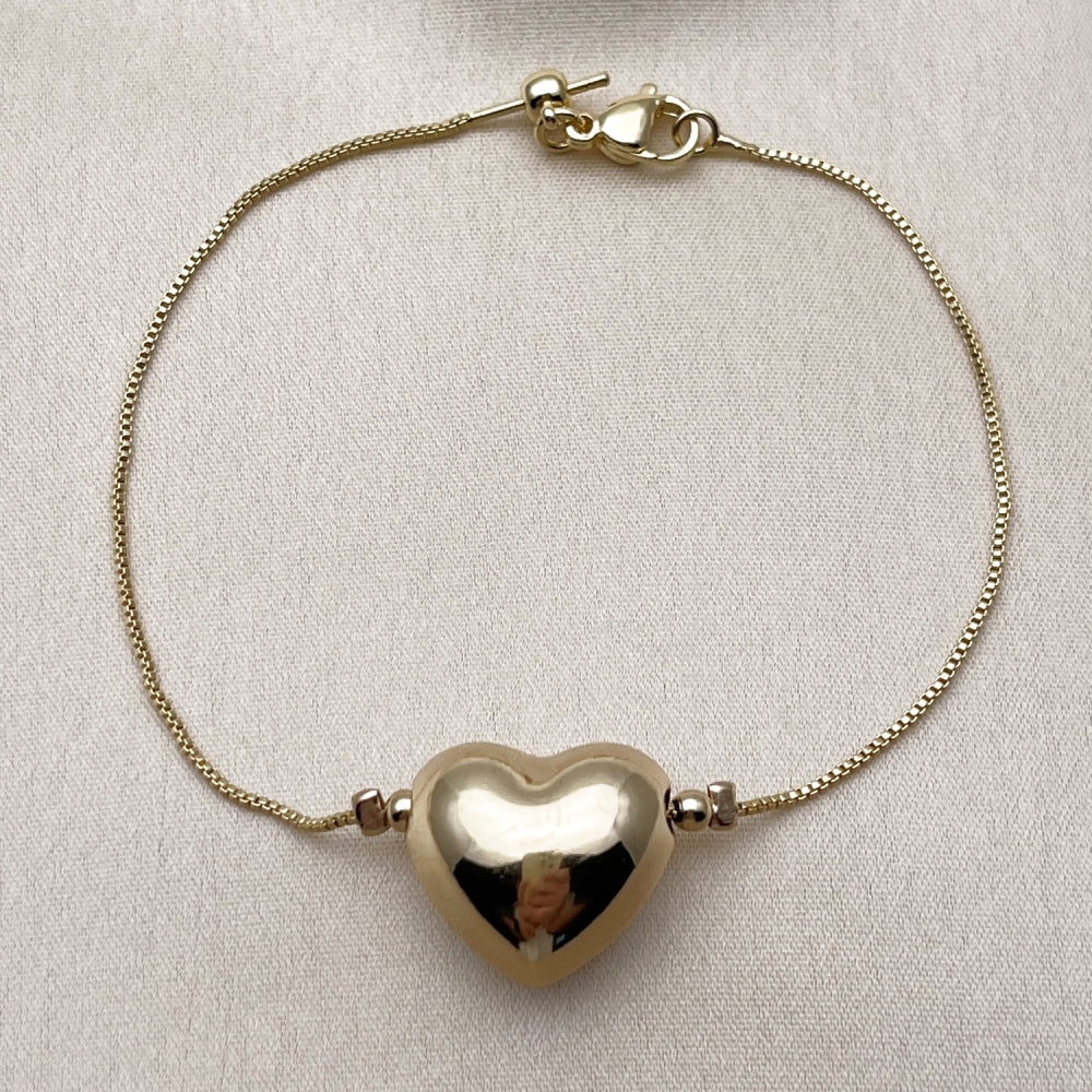 Oro Laminado Fancy Bracelet, Gold Filled Style Heart and Box Design, Polished, Golden Finish