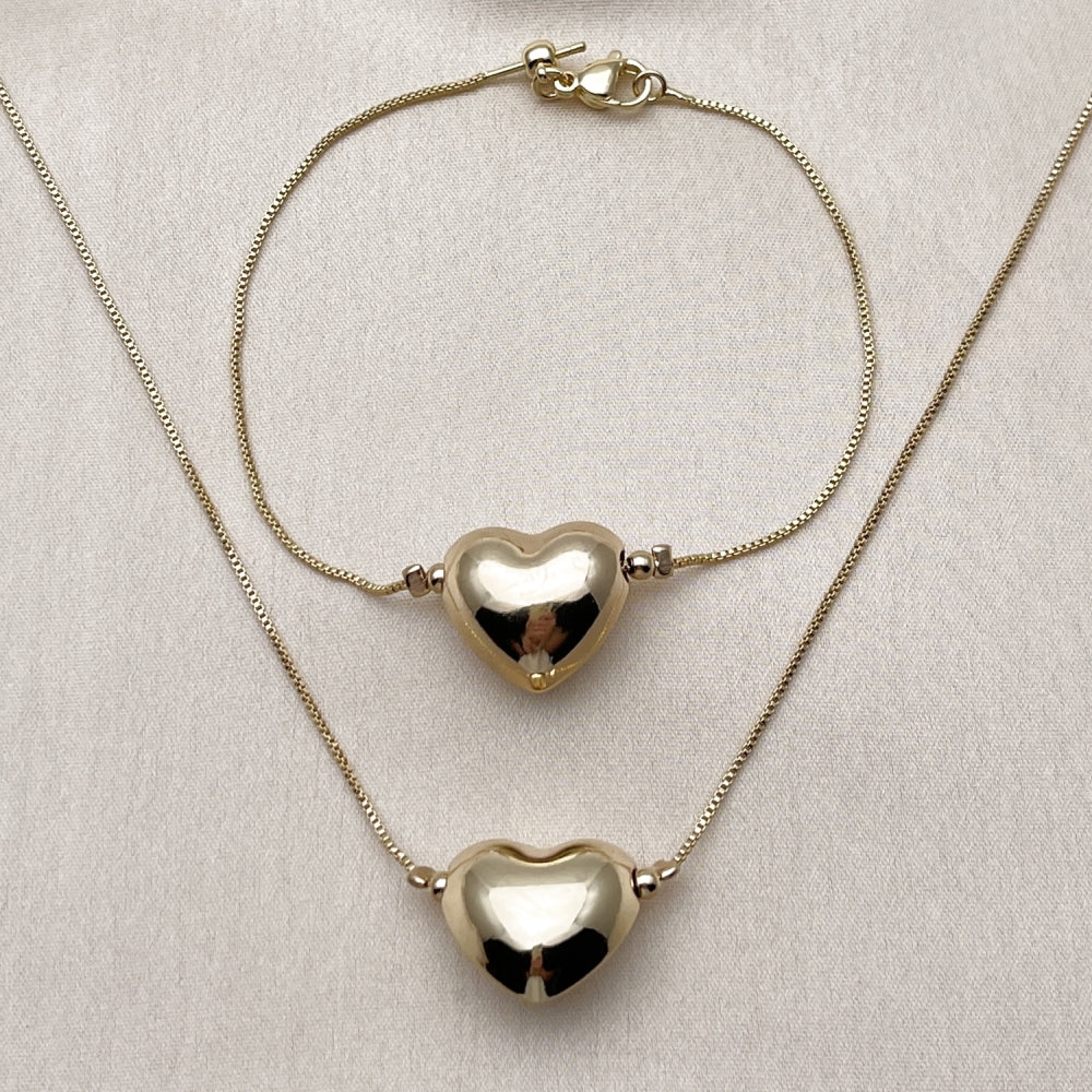 Oro Laminado Necklace and Bracelet, Gold Filled Style Heart and Box Design, Polished, Golden Finish