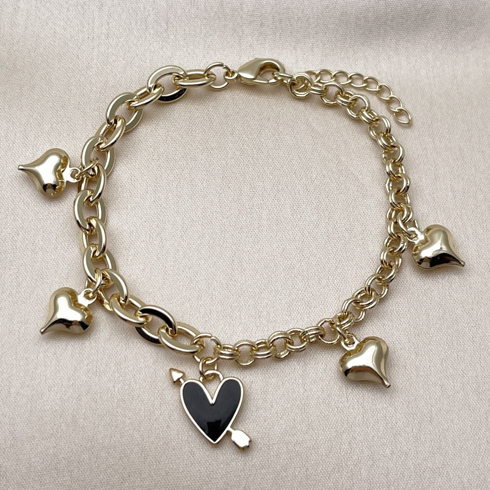Oro Laminado Charm Bracelet, Gold Filled Style Heart Design, Black Enamel Finish, Golden Finish