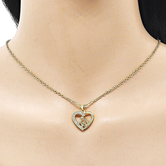 Oro Laminado Fancy Pendant, Gold Filled Style Heart and Mom Design, with White Cubic Zirconia, Polished, Golden Finish