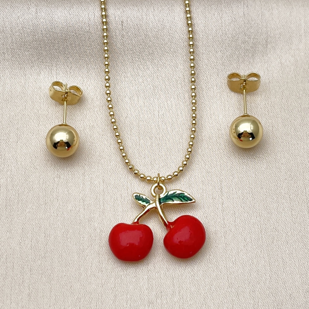 Oro Laminado Earring and Pendant Adult Set, Gold Filled Style Cherry and Ball Design, Red Enamel Finish, Golden Finish