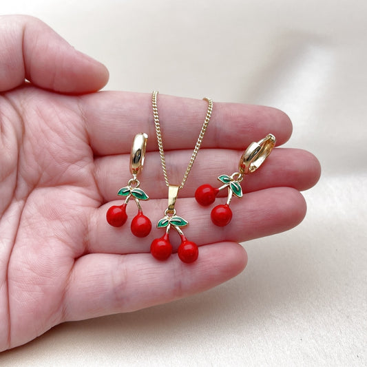 Oro Laminado Earring and Pendant Adult Set, Gold Filled Style Cherry Design, Red Enamel Finish, Golden Finish