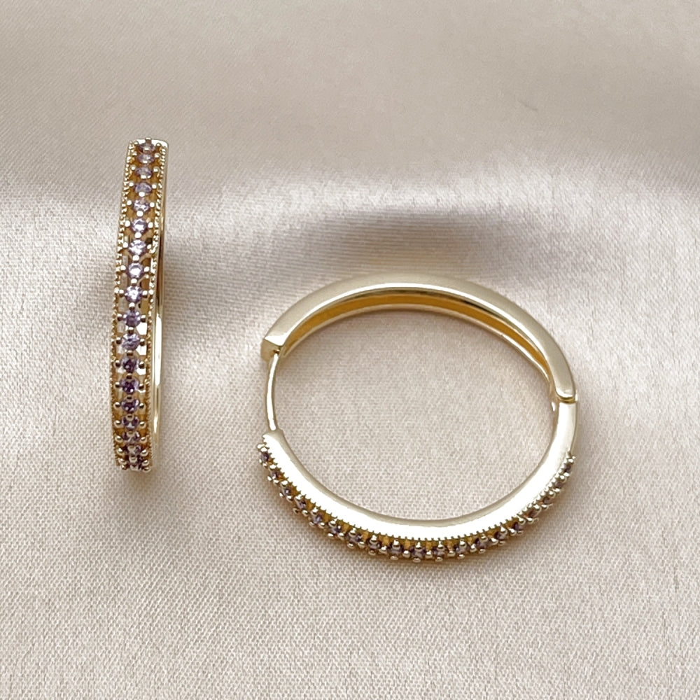 Oro Laminado Huggie Hoop, Gold Filled Style with Amethyst Cubic Zirconia, Polished, Golden Finish