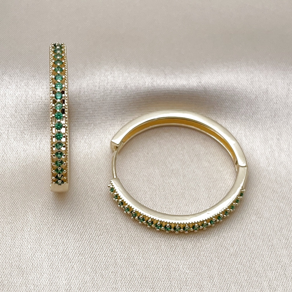 Oro Laminado Huggie Hoop, Gold Filled Style with Green Cubic Zirconia, Polished, Golden Finish