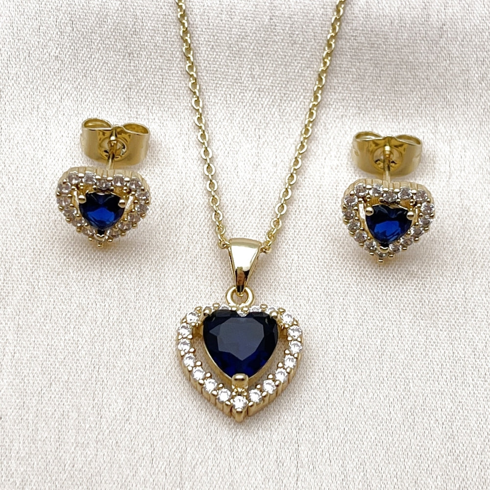 Oro Laminado Earring and Pendant Adult Set, Gold Filled Style Heart and Cluster Design, with Sapphire Blue and White Cubic Zirconia, Polished, Golden Finish