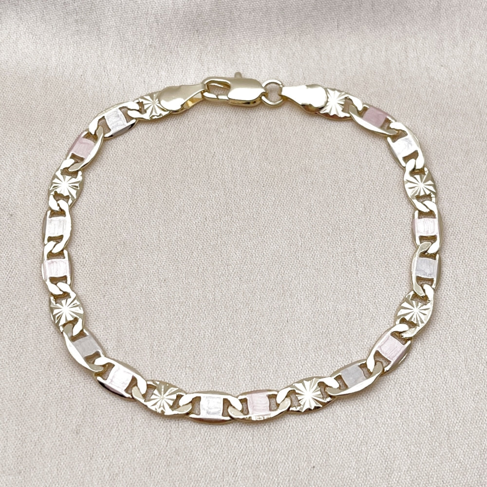 Oro Laminado Basic Bracelet, Gold Filled Style Mariner Design, Diamond Cutting Finish, Tricolor