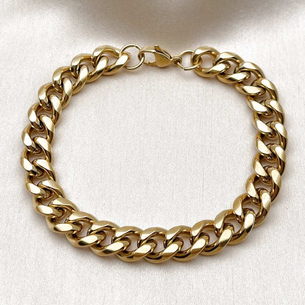 Stainless Steel Basic Bracelet, Miami Cuban Design, Polished, Golden Finish