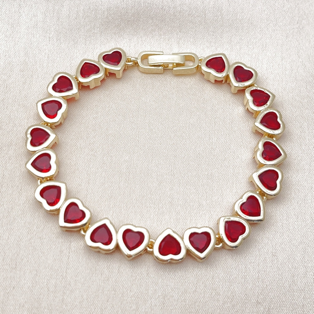Oro Laminado Tennis Bracelet, Gold Filled Style Heart Design, with Garnet Cubic Zirconia, Polished, Golden Finish