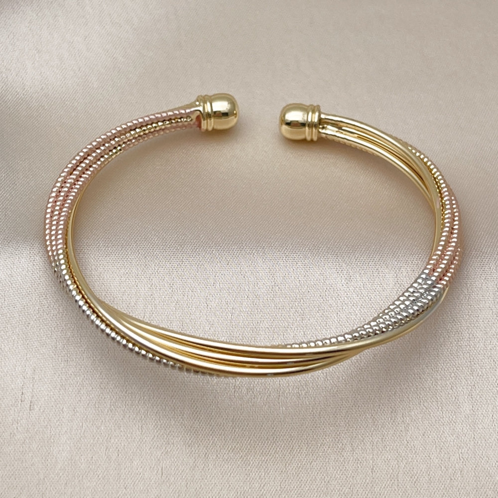 Oro Laminado Individual Bangle, Gold Filled Style Twist Design, Diamond Cutting Finish, Tricolor