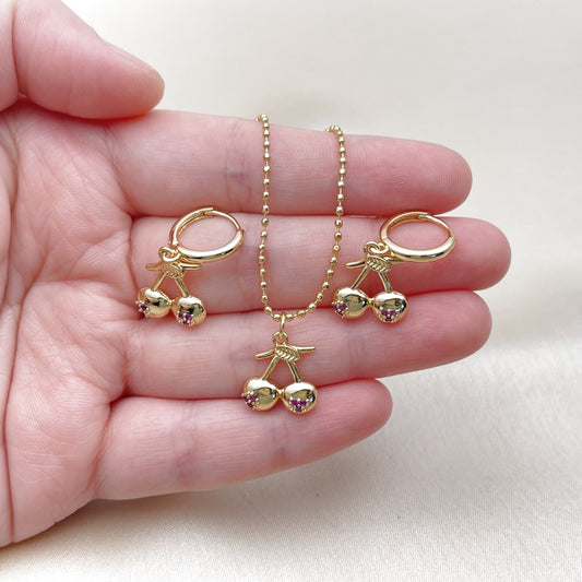Oro Laminado Earring and Pendant Adult Set, Gold Filled Style Cherry Design, with Ruby Micro Pave, Polished, Golden Finish