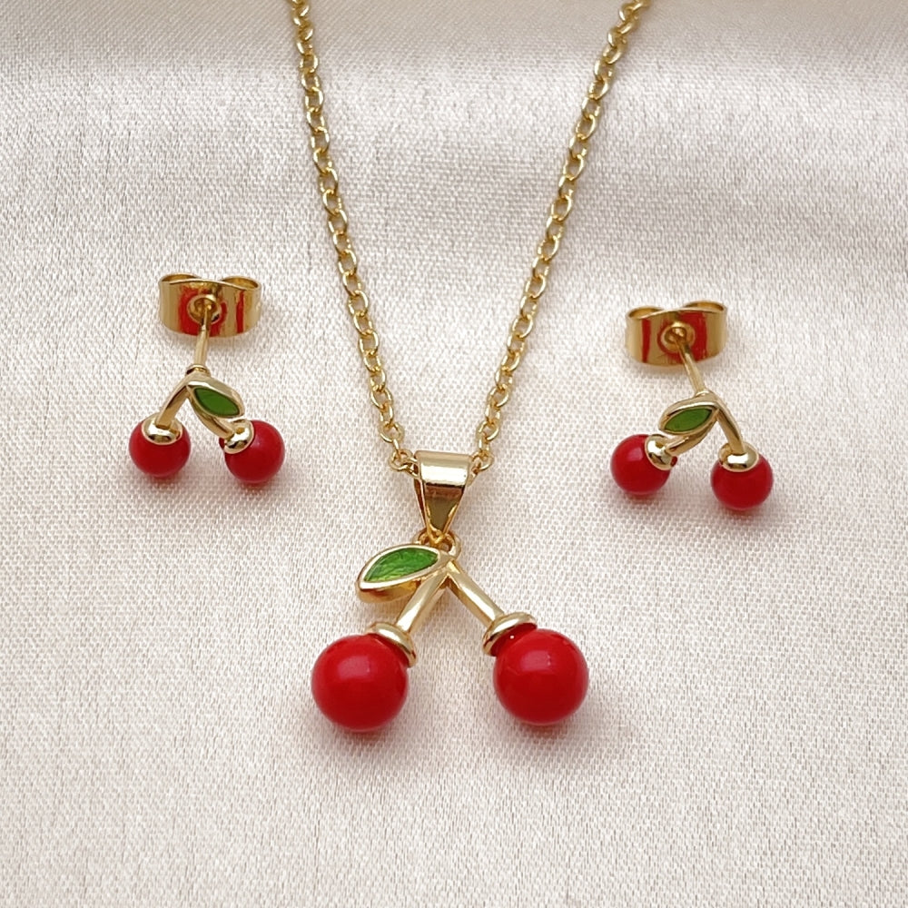 Oro Laminado Earring and Pendant Adult Set, Gold Filled Style Cherry Design, with Garnet Pearl, Polished, Golden Finish