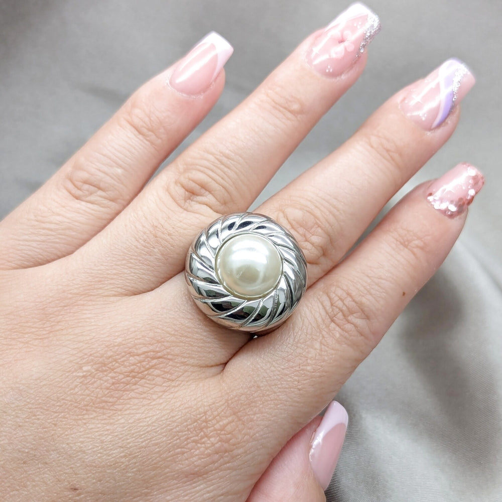 Stainless Steel Elegant Ring, with White Pearl, Polished, Steel Finish