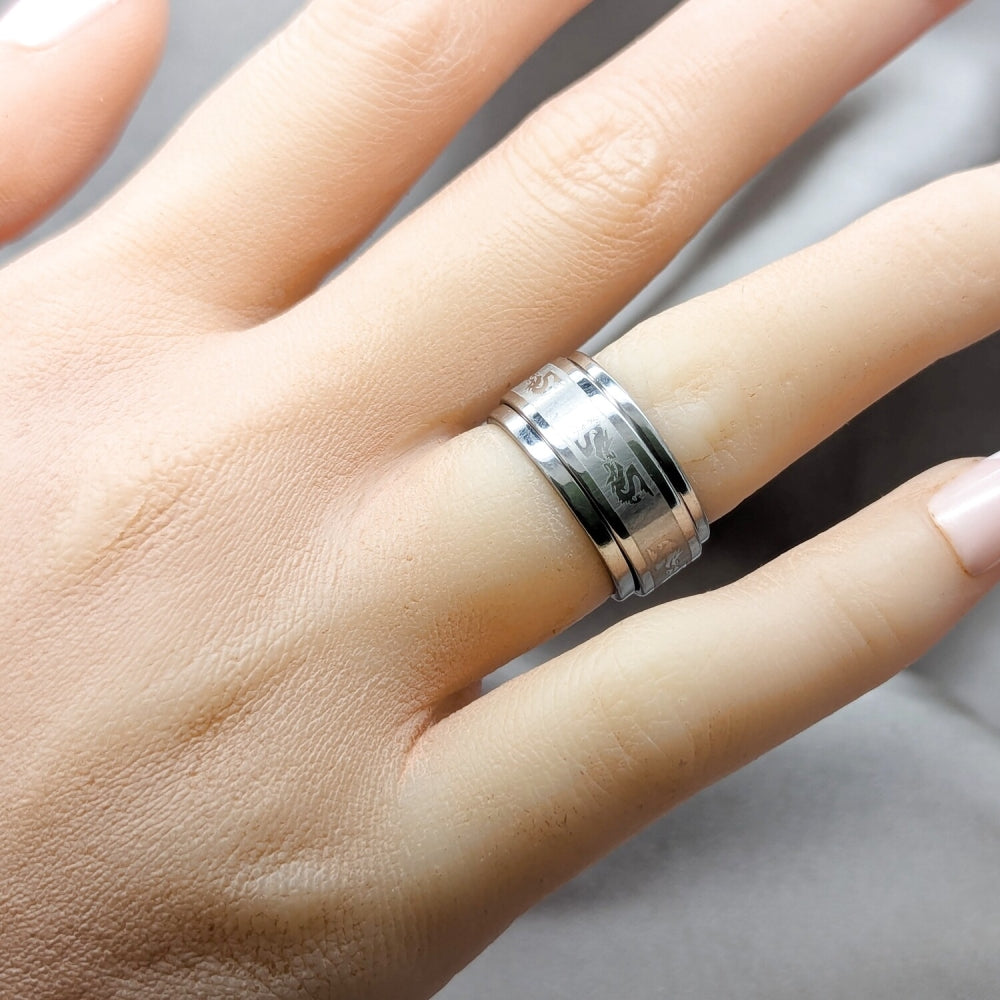 Stainless Steel Mens Ring, Black Polished, Rhodium Finish