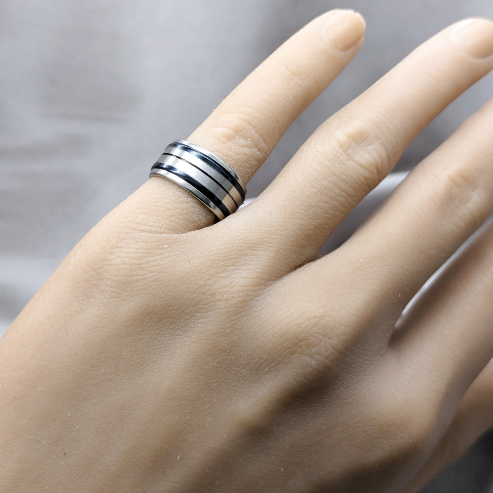 Stainless Steel Mens Ring, Double Design, Black Enamel Finish, Steel Finish