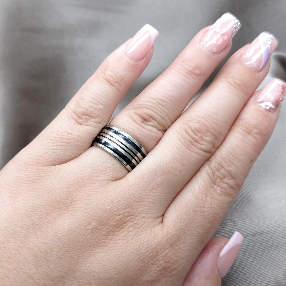 Stainless Steel Mens Ring, Black Enamel Finish, Two Tone