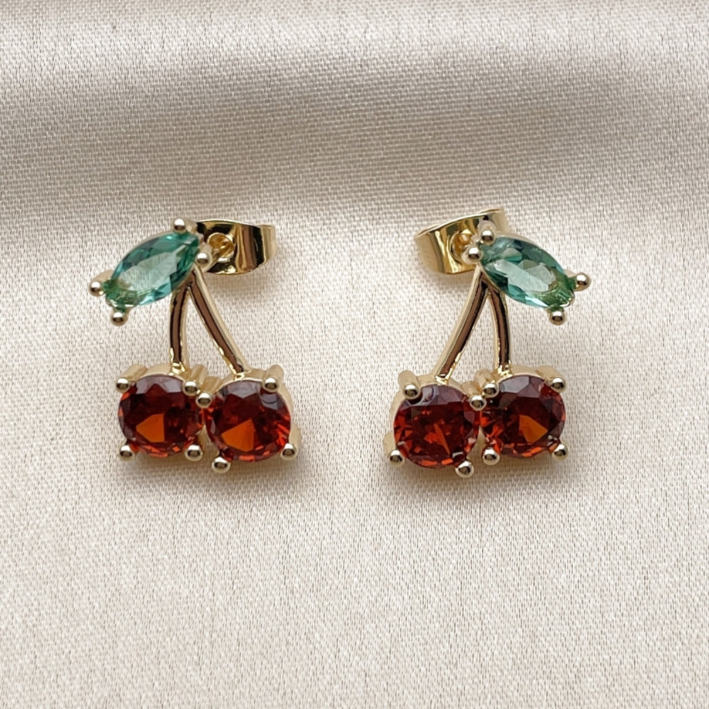 Oro Laminado Stud Earring, Gold Filled Style Cherry Design, with Garnet and Light Turquoise Cubic Zirconia, Polished, Golden Finish