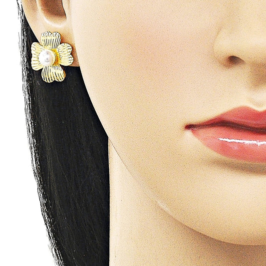 Oro Laminado Stud Earring, Gold Filled Style Flower Design, with Ivory Pearl, Diamond Cutting Finish, Golden Finish
